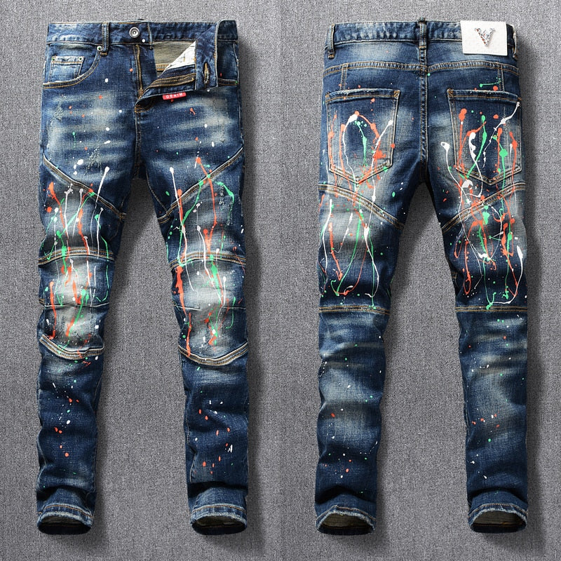 Street Fashion Men Jeans Retro Blue Stretch Slim Fit Painted Ripped Jeans Men Spliced Designer Hip Hop Denim Biker Pants Hombre