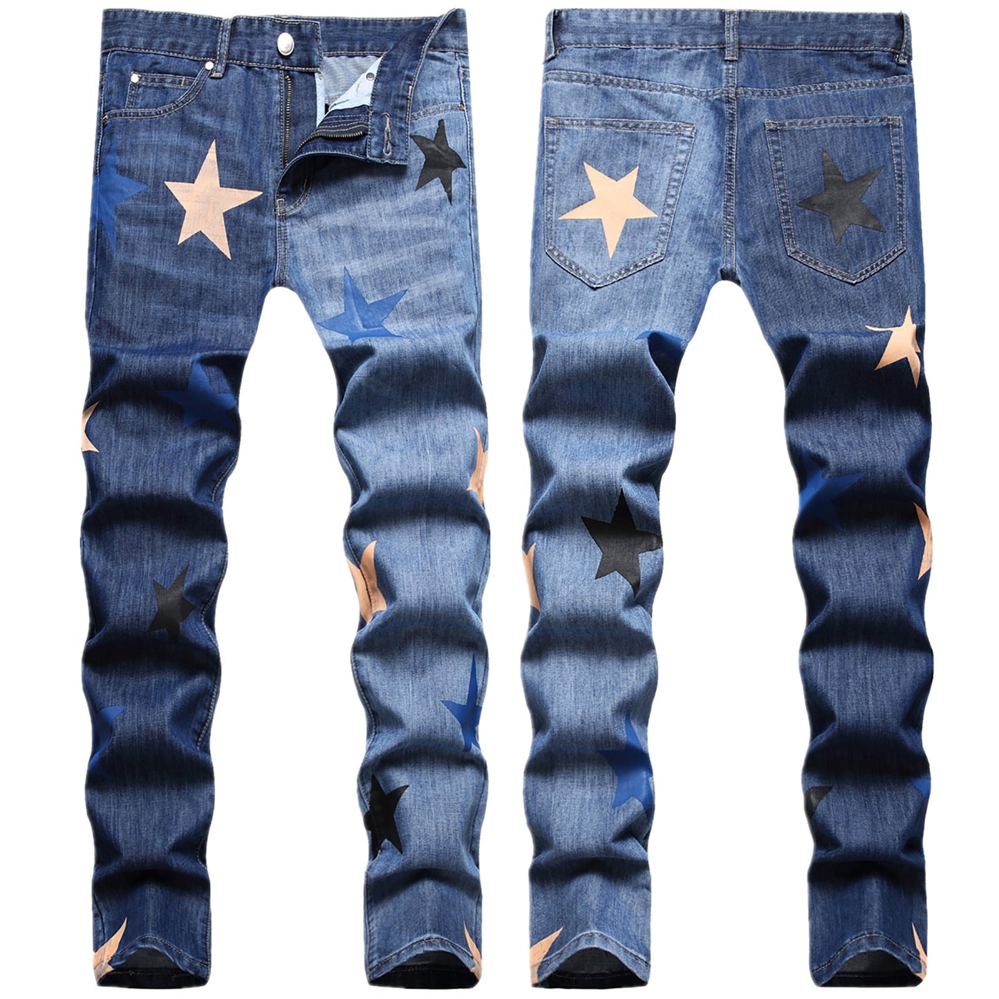 Men’s slimming fit denim pants high quality stars prints two tone jeans party hip-hop casual jeans street fashion jeans pants;