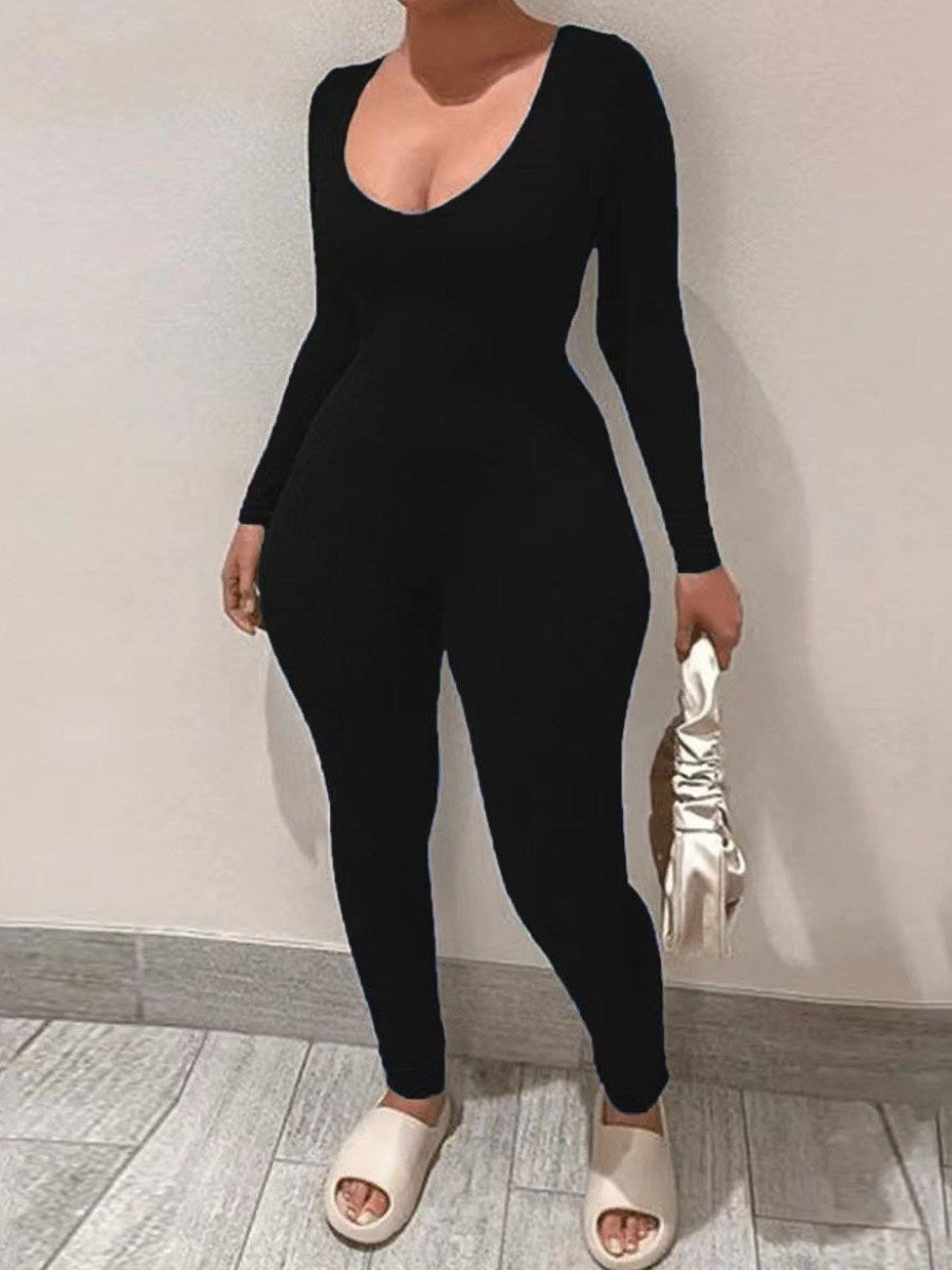 LW BASICS Plus Size U Neck Regular Fit Stretchy Jumpsuit Long Sleeve Solid Color U Neck women&#39;s Jumpsuit 2022 NEW Casual Jumpsui