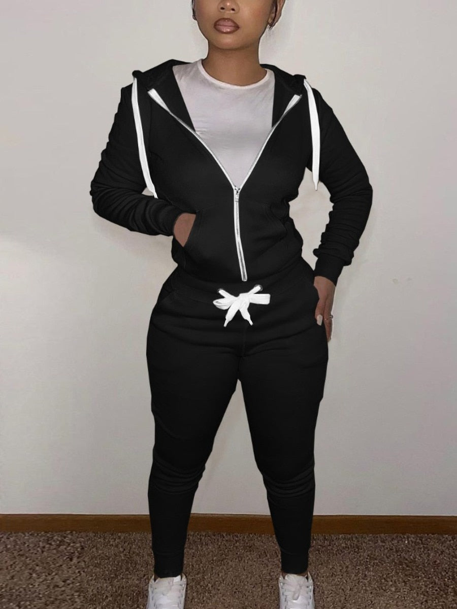 LW Simple Two Piece Set Women Casual Sporty Long Sleeve Zipper Design Top Hooded Collar Broken Heart Print Female Tracksuit Set