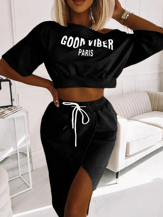 LW Plus Size Two Piece Good Viber One Shoulder Letter Print Set Crop Top+High Split Skirt Elegant Matching Outfits For Women