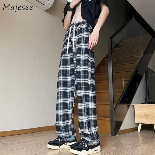 Black Plaid Pants Men Summer Clothing Baggy Pantalones Teens Baggy Korean Fashion Unisex Trousers Students Streetwear Vintage