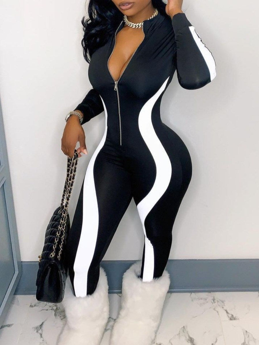 LW Plus Size Striped Zipper Design Jumpsuit Rompers Womens Jumpsuits Elegant Long Sleeve Overalls Night Party Zipper Playsuits