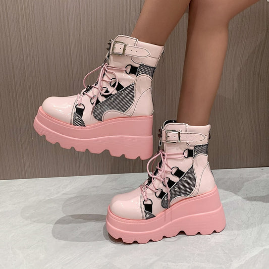 Platform Boots for Women 2023 Wedges Ankle Boots Pink Lace Up Fashion Party Gothic Boots Girls Punk Shoes Winter Women Shoes