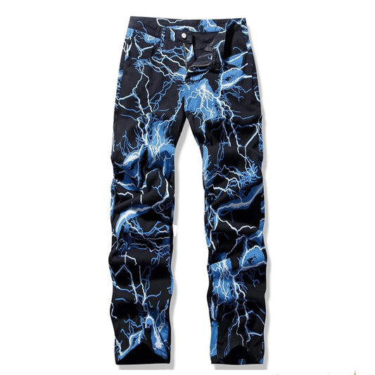 Minus Two New Fashion Mens Jeans Lightning Printed Tie Dye Black Jean Trousers Men Streetwear Y2K Denim Pants Pantalones Hombre