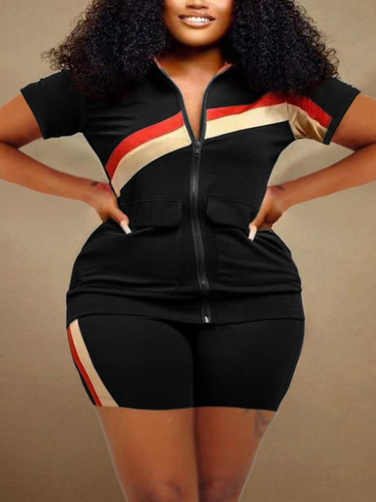 LW Plus Size Casual Sport Tracksuit Striped Zipper Design Shorts Set Women Patchwork Two Piece Outfit Top Shorts Pant Suit 2 Pie