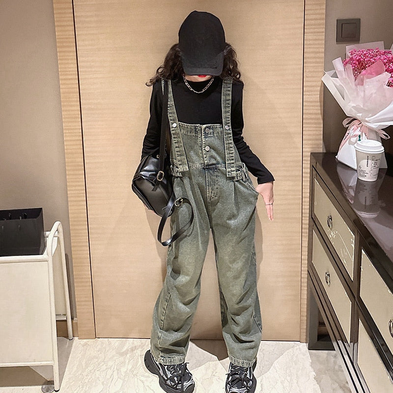 Kids Denim Overalls Autumn Casual Teenage Streetwear School Girls Jeans Fashion Loose Children&#39;s Suspenders Pants 10 12 13 Years