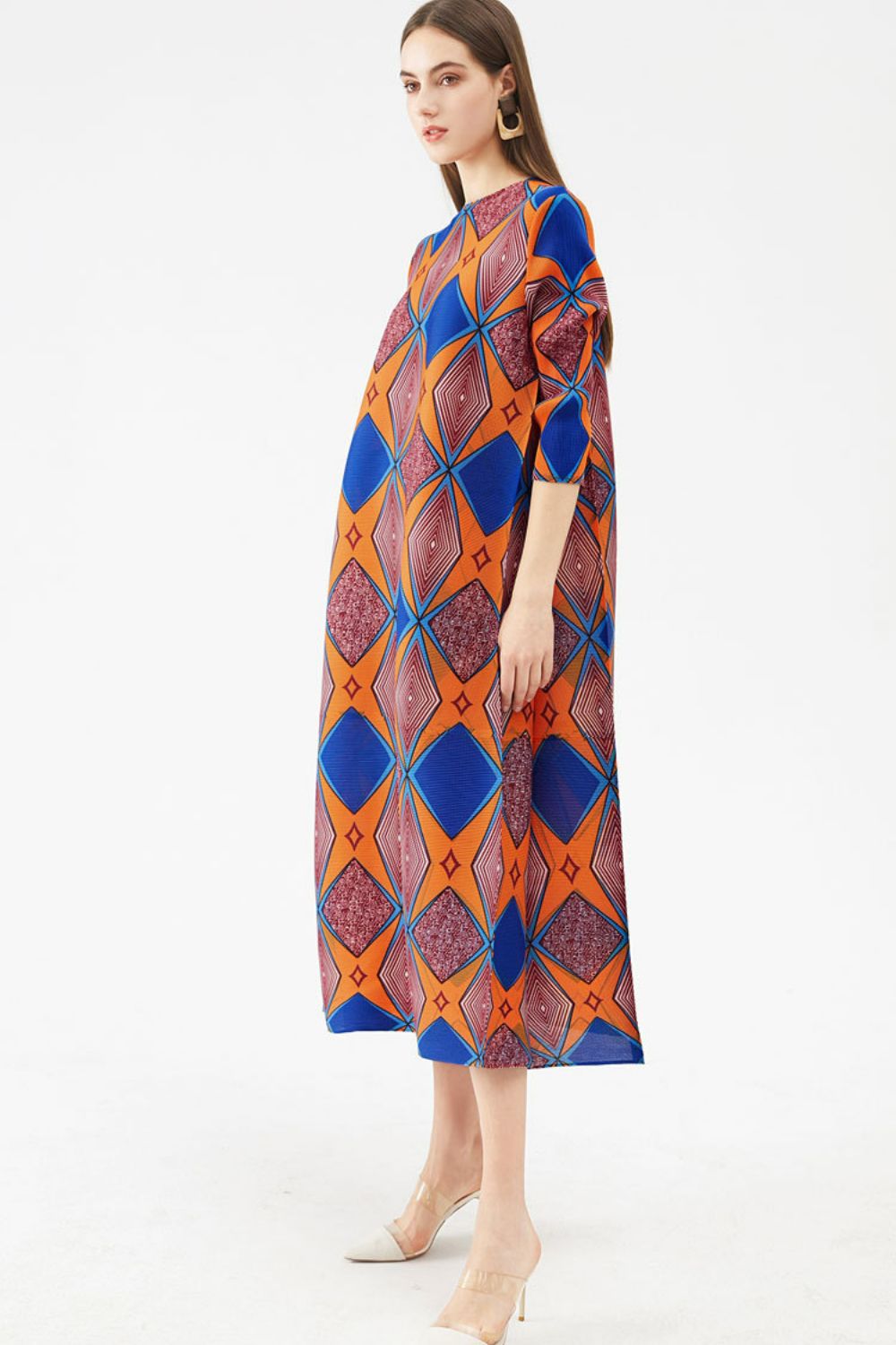 Geometrical Print Accordion Pleated Three-Quarter Sleeve Dress