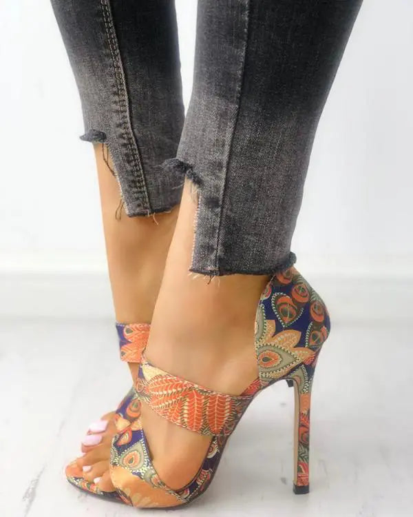 Peacock Feather Print Double Band Stiletto Heels