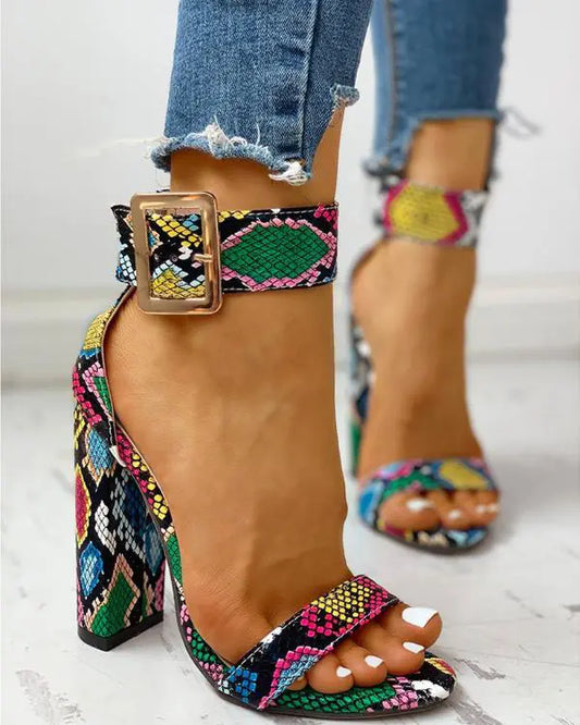 Snakeskin Print Ankle Buckled Chunky Heels