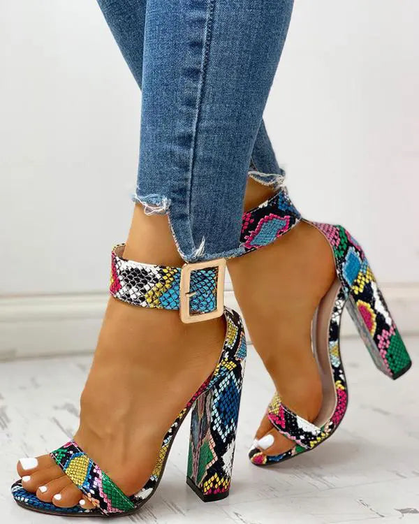 Snakeskin Print Ankle Buckled Chunky Heels