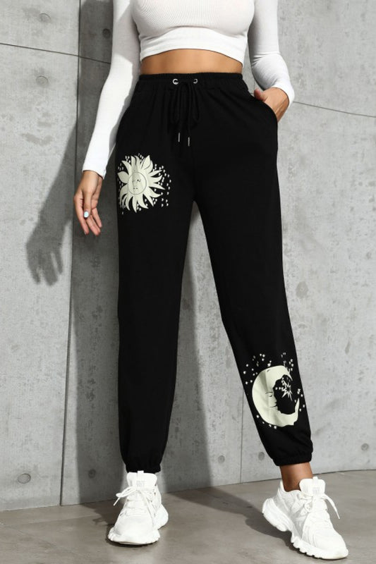 Sun and Moon Graphic Drawstring Joggers