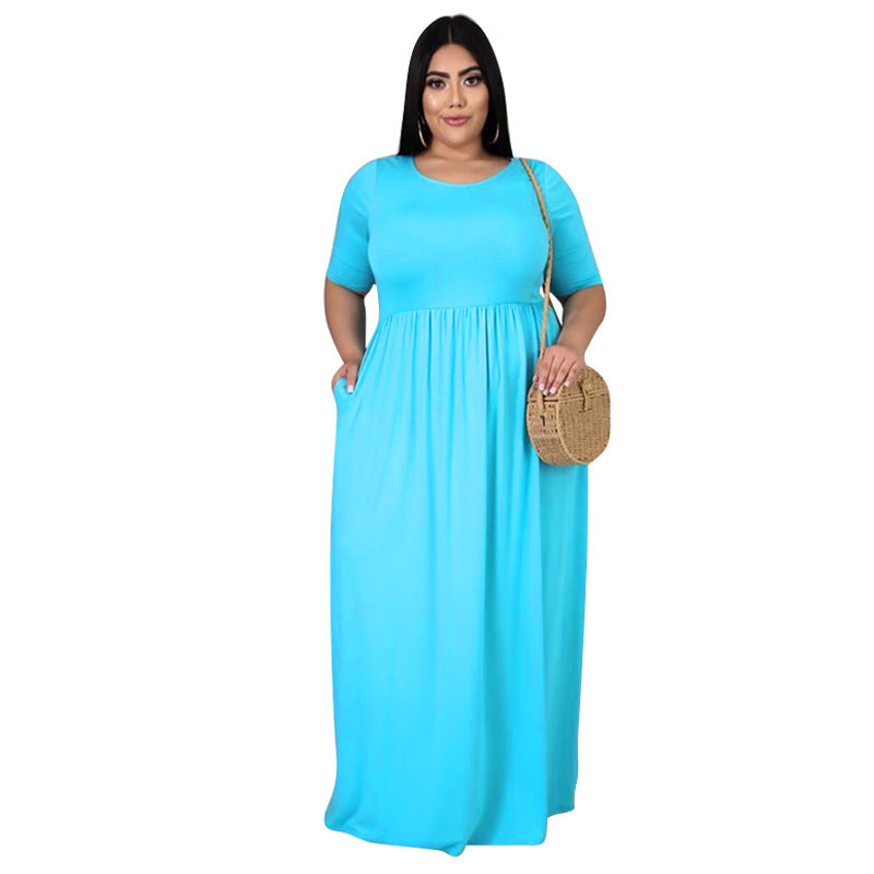 Summer Women's New Solid Color Round Neck Loose Casual Large Size Dress