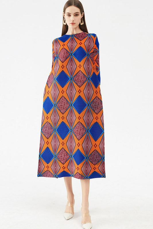 Geometrical Print Accordion Pleated Three-Quarter Sleeve Dress