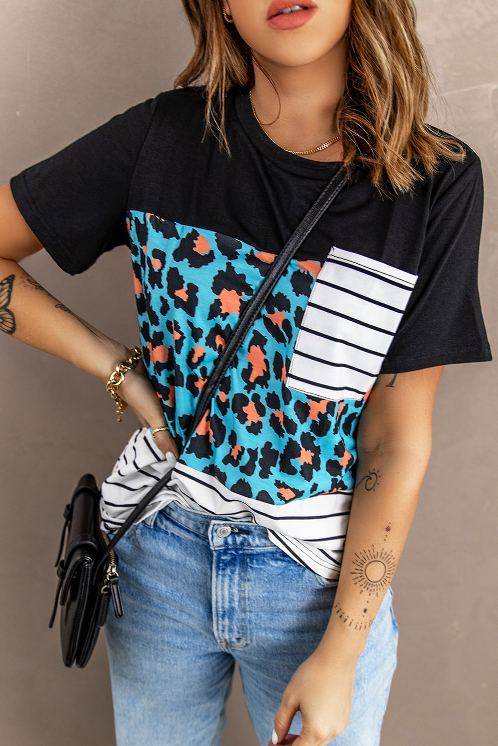 Mixed Print Color Block Round Neck Tee Shirt