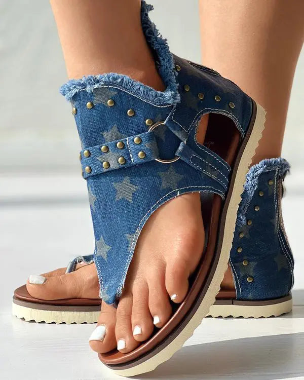 Star Print Studded Fringe Hem Sandals