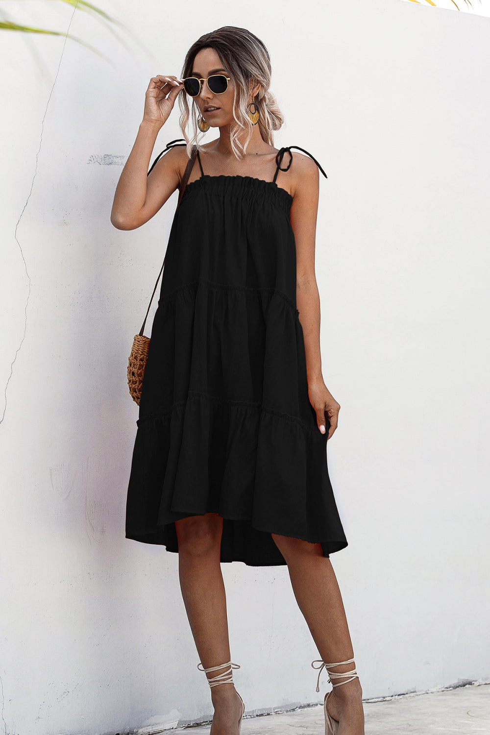 Knotted Strap Ruffle Trim Smock Dress