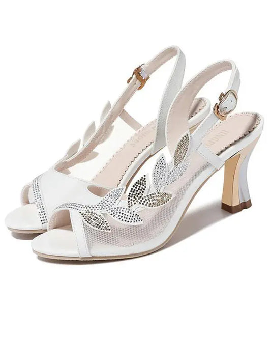 Slingback Peep Toe Leaf Pattern Rhinestone Wedding Guest Shoes