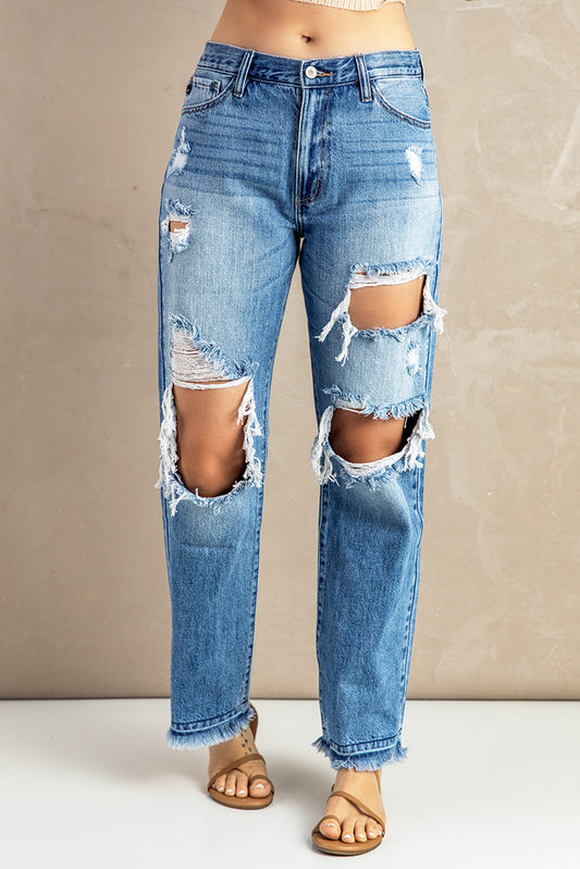 Frayed Hem Distressed Jeans with Pockets