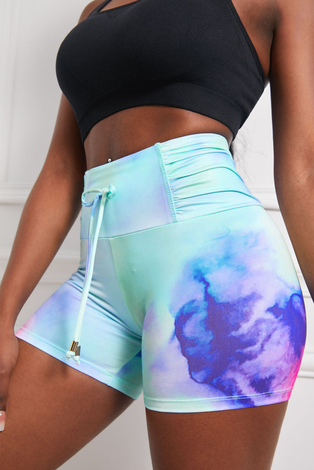 Tie-Dye Tie Detail Ruched Sports Shorts