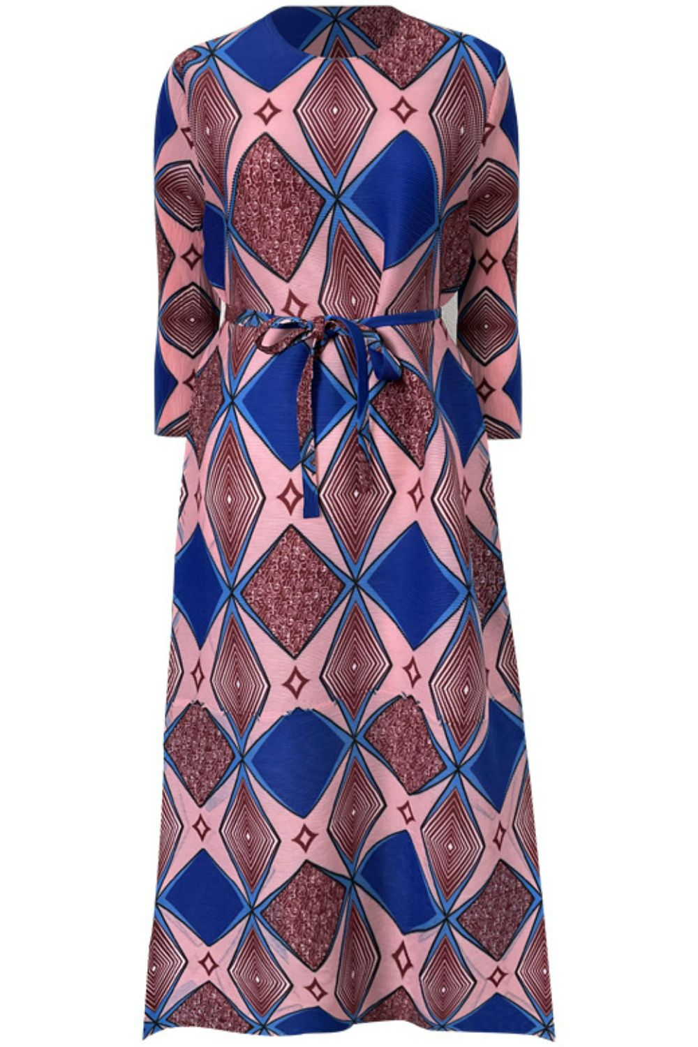 Geometrical Print Accordion Pleated Three-Quarter Sleeve Dress