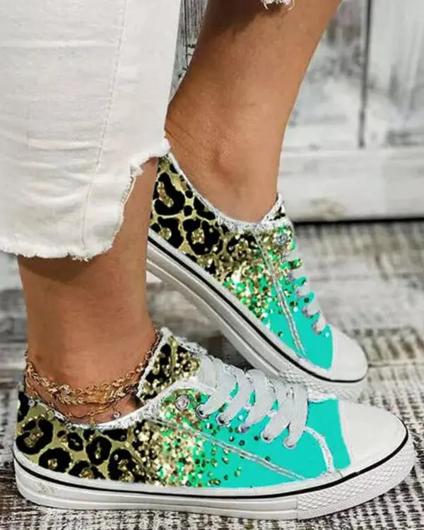 Contrast Leopard Gradient Fringe Hem Sneakers