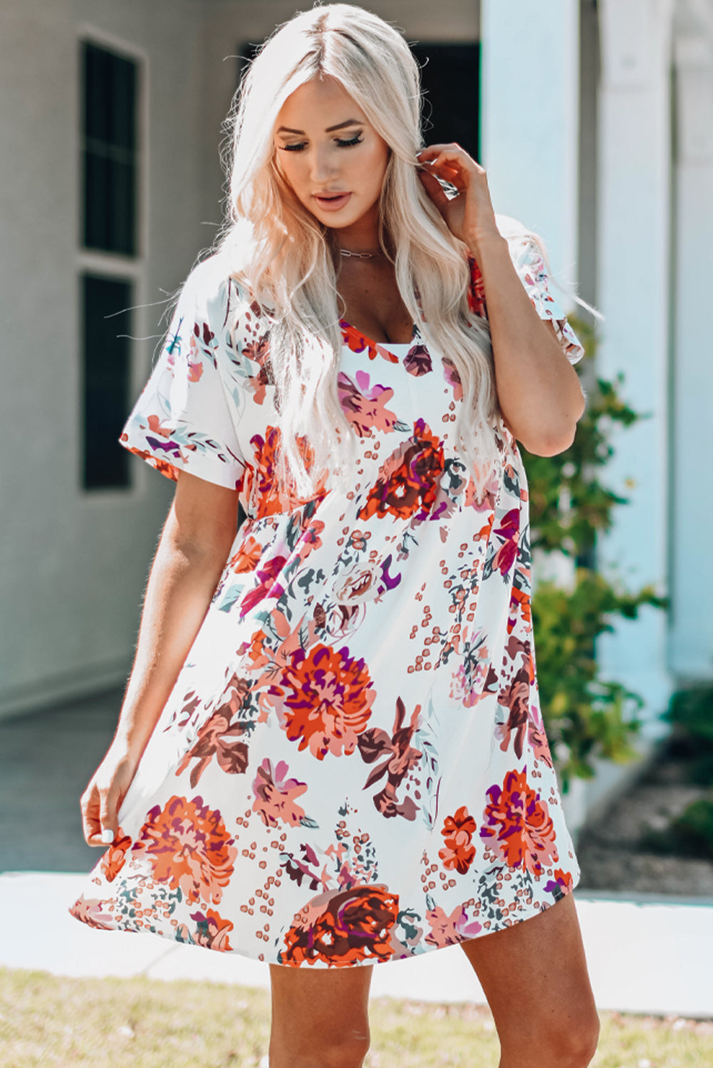 Floral Cuffed Short Sleeve Babydoll Dress