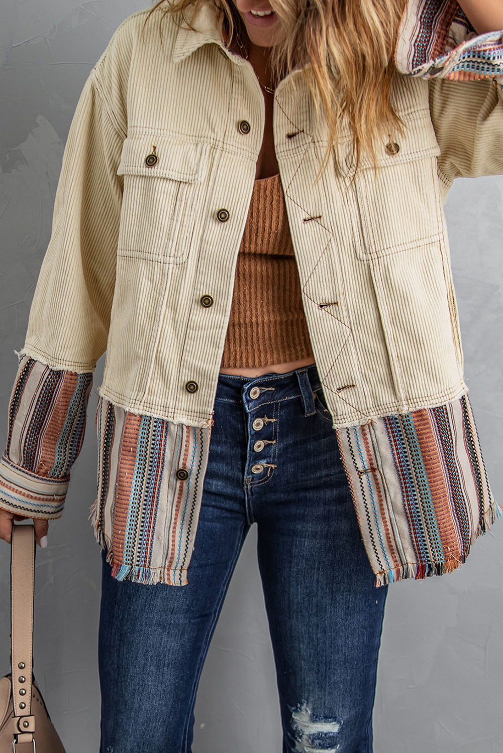 Striped Frayed Hem Corduroy Jacket