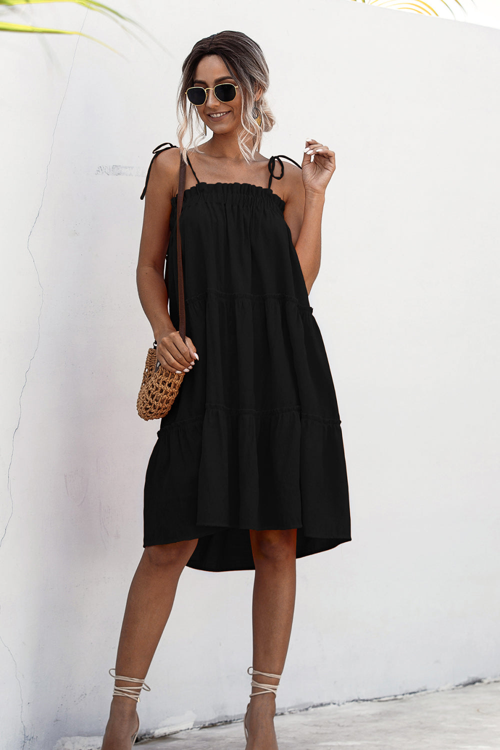 Knotted Strap Ruffle Trim Smock Dress