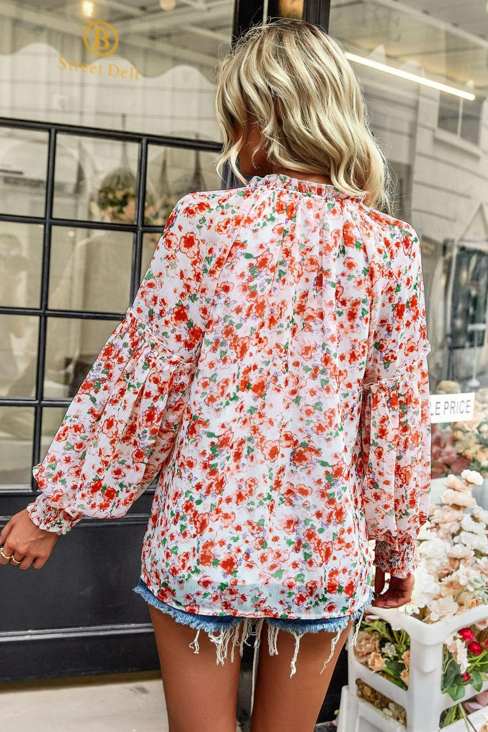 Floral Tie Neck Lantern Sleeve Blouse