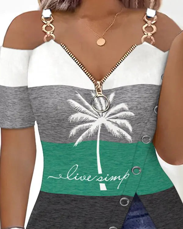 Coconut Tree Print Striped Colorblock Slit Cold Shoulder Top