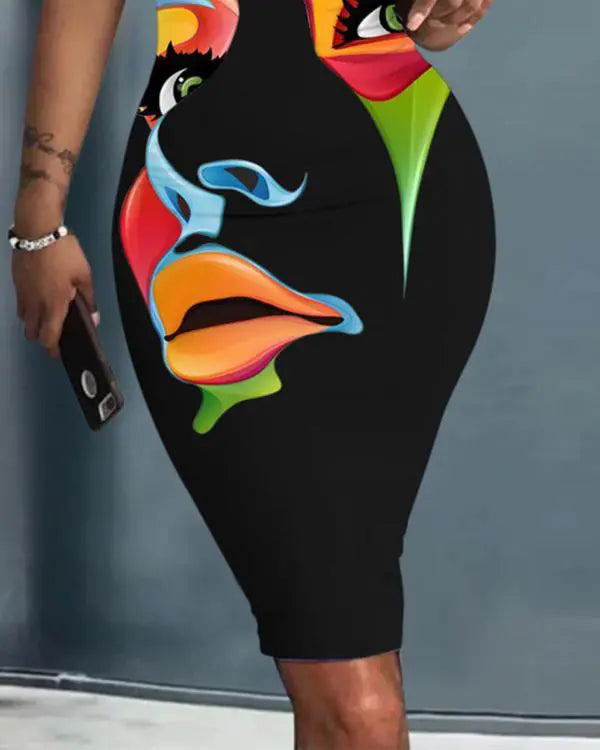 Vestido sem mangas com decote em U estampado abstrato