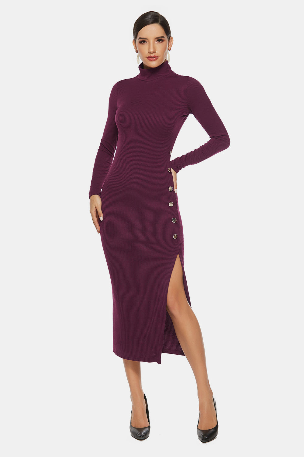 High Neck Split Button Sweater Dress