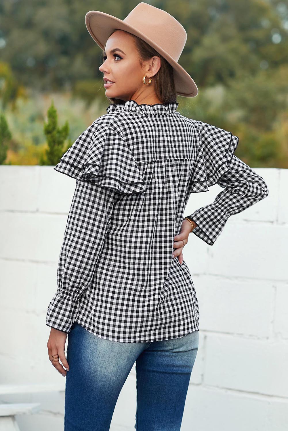 Black Plaid Button Ruffle Shirt