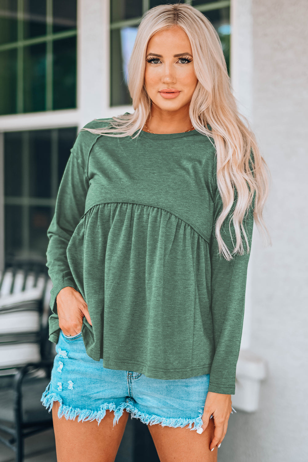 Round Neck Raglan Sleeve Babydoll Top