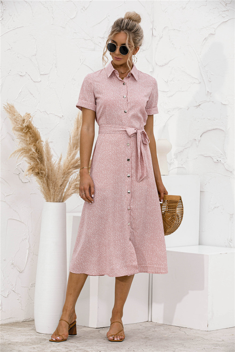 Button Front Belted Shirt Dress