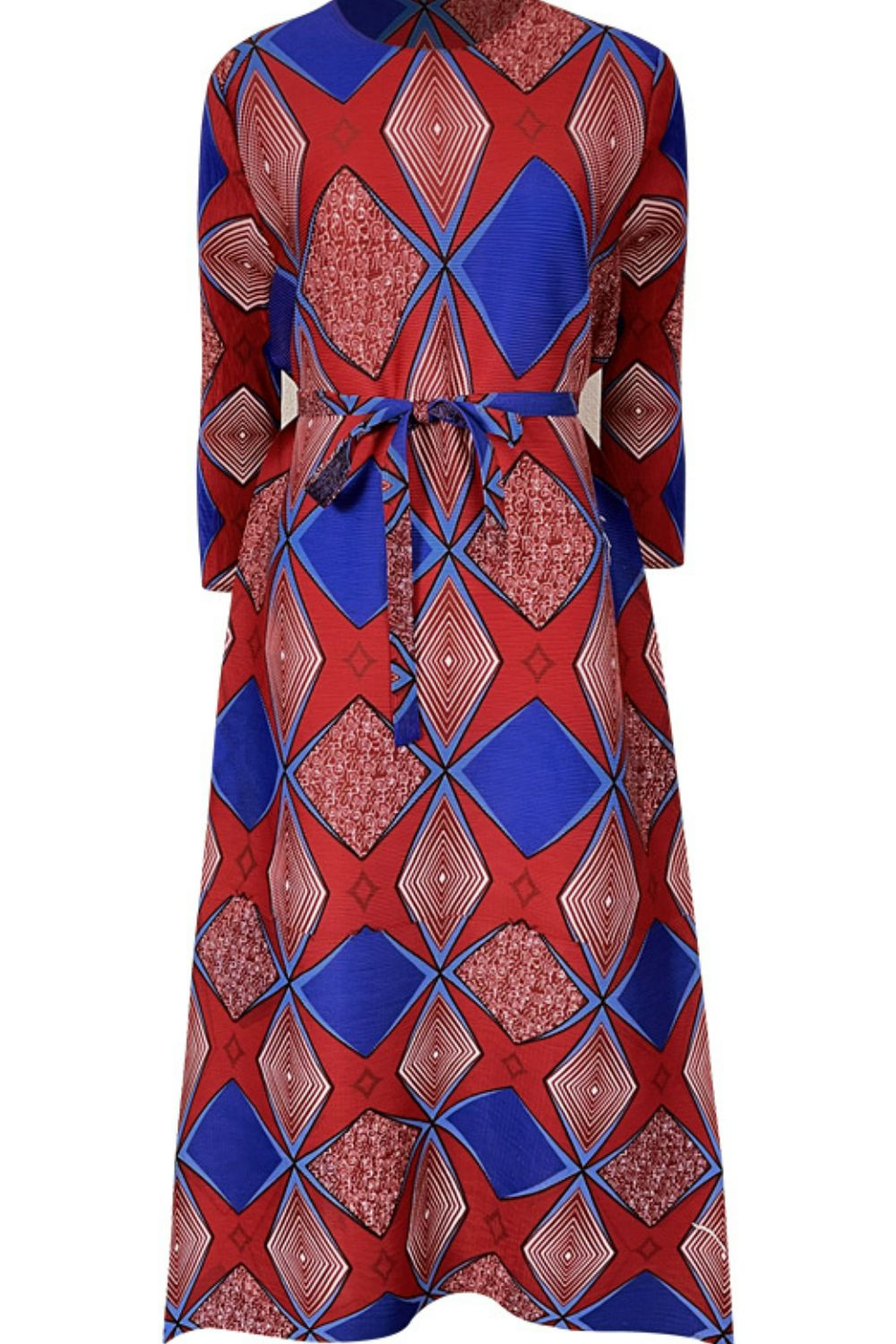 Geometrical Print Accordion Pleated Three-Quarter Sleeve Dress