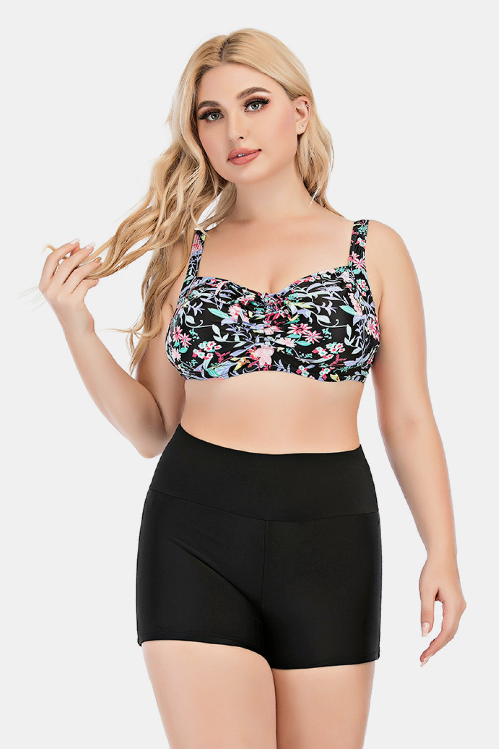 Plus Size Floral Ruched Two-Piece Swim Set