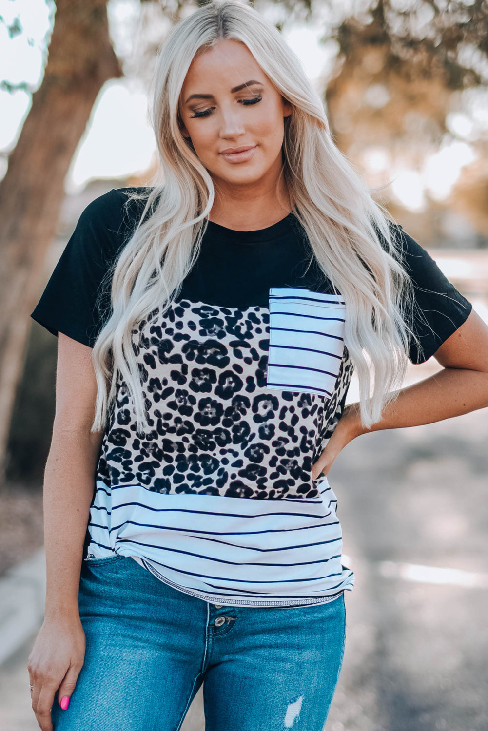 Mixed Print Color Block Round Neck Tee Shirt