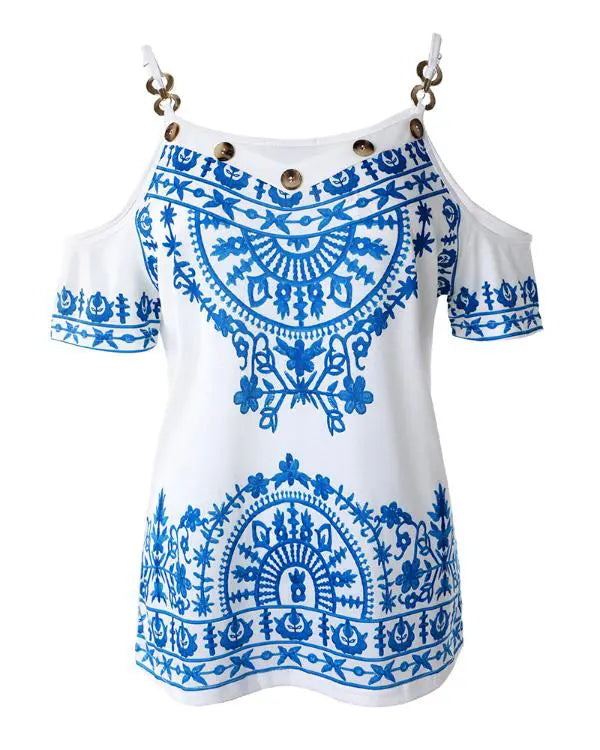 Tribal Print Chain Decor Cold Shoulder Top