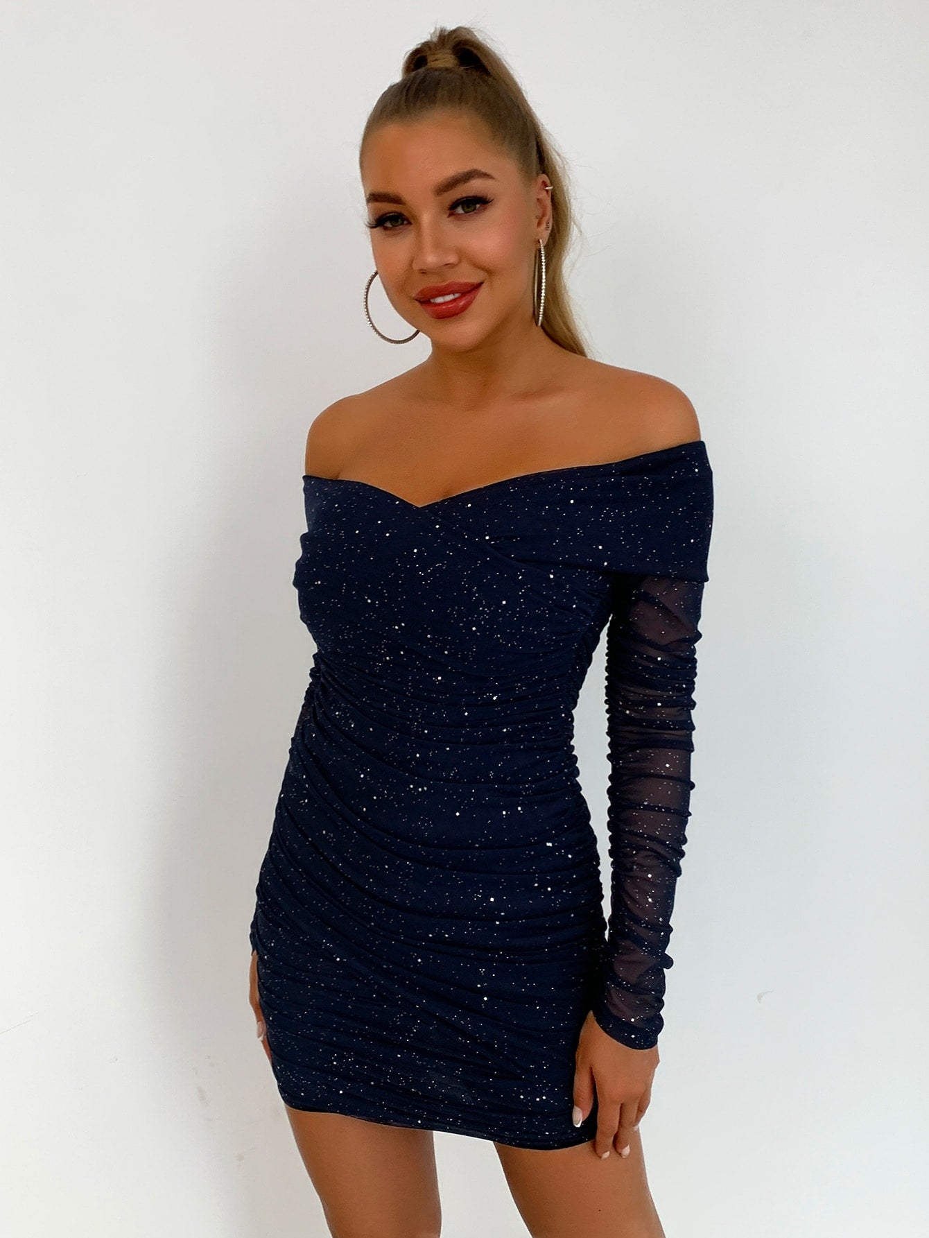 Glitter Off-Shoulder Ruched Bodycon Dress