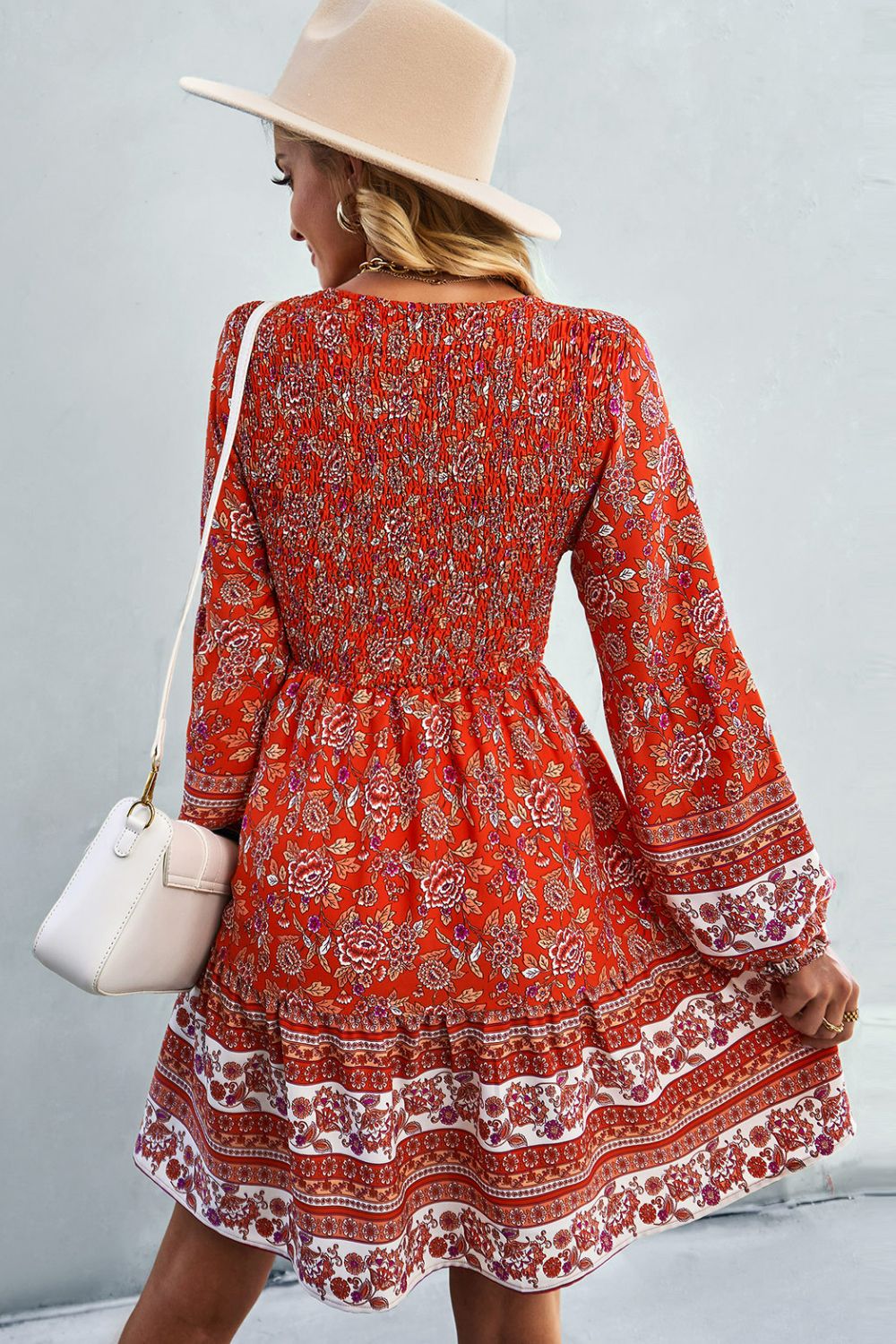 Bohemian V-Neck Balloon Sleeve Dress