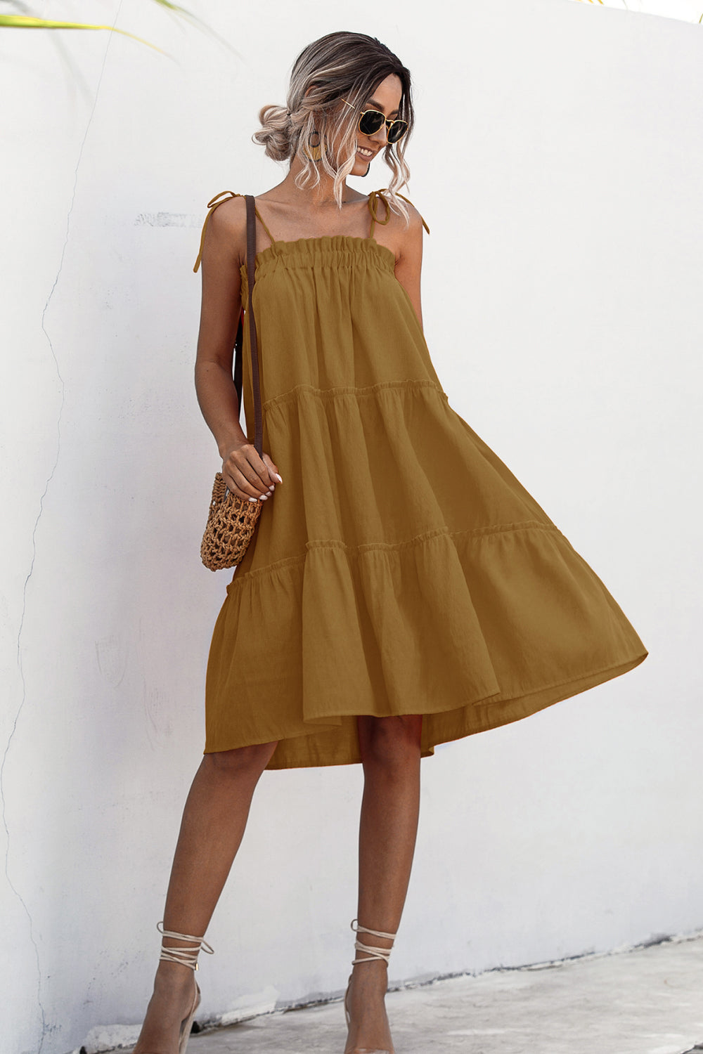 Knotted Strap Ruffle Trim Smock Dress