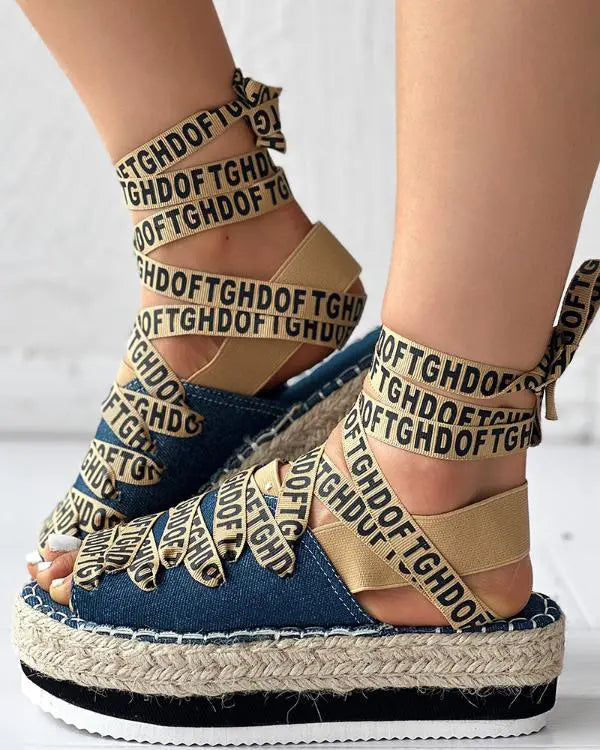 Letter Band Lace-up Platform Peep Toe Strappy Sandals